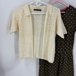Dana Scott, vintage crochet, short sleeve, pearl button Cream Cardigan S